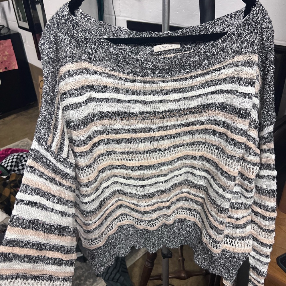Striped Open-Knit Sweater - Gray and Cream